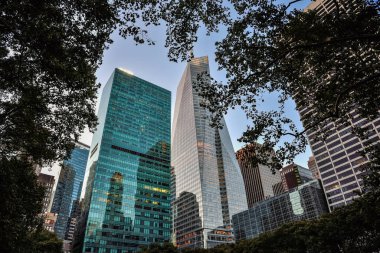 Bryant Park - Manhattan, New York ağaçlarının arasından görünen ikonik gökdelenler