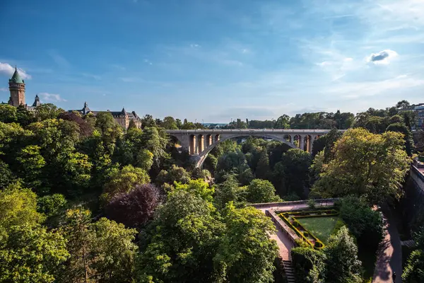 Stock image The Beautiful Adolphe Bridge seen from Constitution Square on a Summer Day, Luxembourg