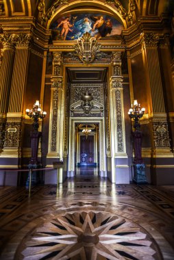 Palais Garnier 'in Rotonde du Soleil tarafında yer alan Doğu Sekizgen Salonundaki Süslü Kapı ve Yaldızlı Detaylar Paris, Fransa
