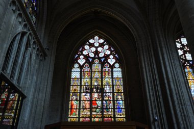 Brüksel Katedrali 'nde Gotik Sanat ve Lekeli Cam Pencere - Brüksel, Belçika