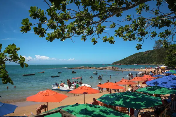 Renkli Sahil Şemsiyeleri ve Yüzücüler Praia da Tartaruga Buzios, Brezilya