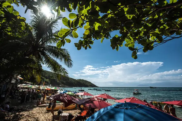 Joao Fernandes Beach Buzios, Brezilya 'da Kalabalık Sahil ve Renkli Şemsiyeler