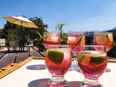 Brezilya 'da Limonlu Pembe Parıltılı İçecekler ve Manzaralı Dağ Manzarası