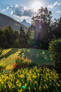 Itaipava, Brezilya 'da Vibrant Garden ve Mountain View Öğleden Sonra Gün Işığı Altında