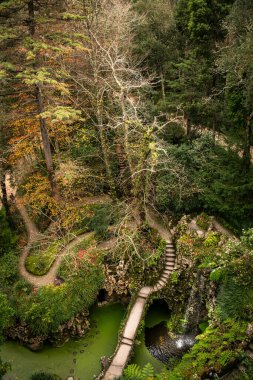 Aerial View of Quinta da Regaleira Enchanted Pathways in Autumn - Sintra, Portugal