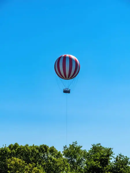 Κόκκινο Λευκό Ριγέ Αερόστατο Θερμού Αέρα Αξιοθέατα Πάνω Από Δέντρα — Φωτογραφία Αρχείου