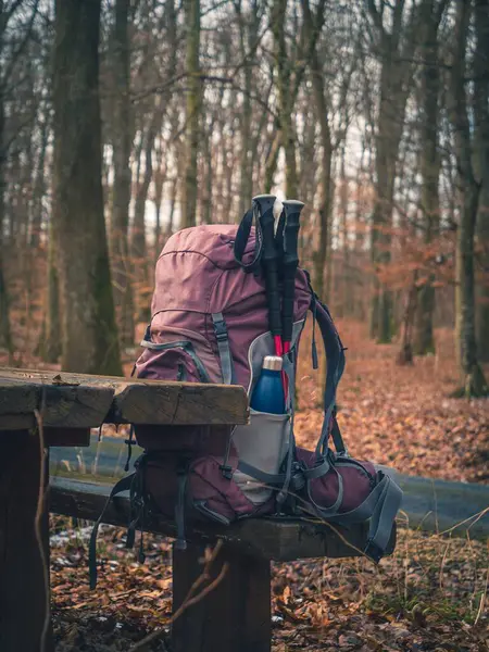 Expedition trekking backpack on a wooden bench in an autumn forest packed with water bottle hiking poles