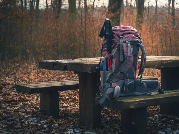 Expedition trekking backpack on a wooden bench in an autumn forest packed with water bottle hiking poles