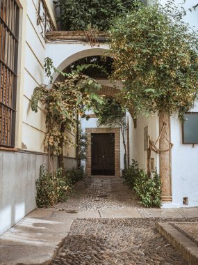 Tarihi Cordoba, Endülüs, İspanya 'da tarihi bir kasaba olan tarihi bir mahallede boş bir parke avanı manzarası.