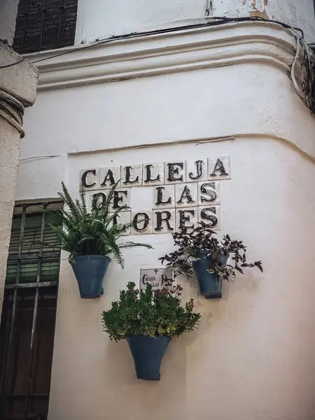 Calleja Las Flores Δρόμους Κεραμικά Υπογράψει Πλακάκια Κόρδοβα Ανδαλουσία Ισπανία — Φωτογραφία Αρχείου