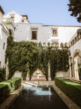 İspanya 'nın Endülüs kentindeki Real Alcazar de Seville bahçelerinde su dolu bir avlu inşa ediliyor.