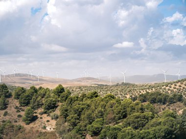 A wind farm with wind turbines mills for producing green renewable electricity in Andalusia, Spain, near Malaga, with agricultural fields and olive tree plantations
