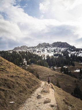 Kampenwand, Bavyera 'da dağlık bir patika boyunca yürüyen yalnız bir yürüyüşçü, dağlık çayırlarda, kar tarlalarında ve bulutlu bir gökyüzünün altında çarpıcı bir kayalık zirvede yürüyor..