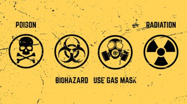 Biohazard Symbol Sign : Posion, Radiation, Biohazard, Use Mask Gas. Background