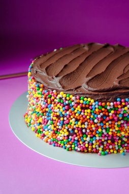 Delicious chocolate ganache birthday cake with colorful sprinkles on a pink background clipart