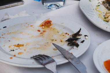 dirty plate on a white tablecloth in a mediterranean restaurant
