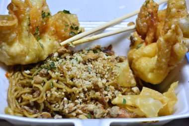 Çin yemeği, tavuk ve sebzeli kızarmış erişte.