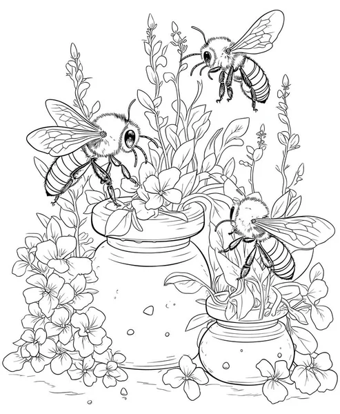Pszczoła Miodna Pszczoła Miodna Latujące Powietrzu Kwiatami Szkic — Wektor stockowy