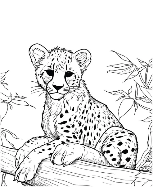 Cheetah Med Träd Färg Sida Linje Konst För Barn — Stock vektor