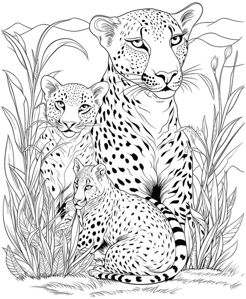 Mother Cheetah Och Baby Cheetah Färgläggningssida — Stock vektor