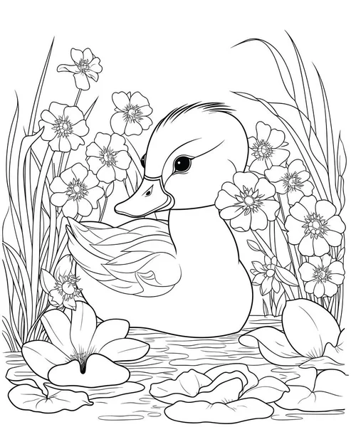 Coloring Page Duck Flowers — Stock Vector