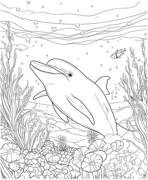 Χρωματισμός Σελίδα Για Παιδιά Χαριτωμένο Φάλαινα Και Λουλούδια Λουλούδια Και — Διανυσματικό Αρχείο