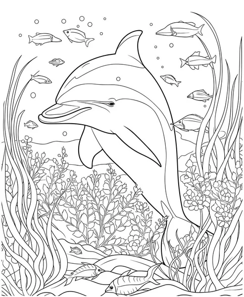 Livre Colorier Avec Dauphin Dans Mer — Image vectorielle