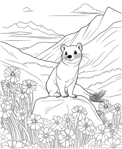花束がついた可愛い漫画パンダ 子供のための絵本のページ 黒と白 — ストックベクタ