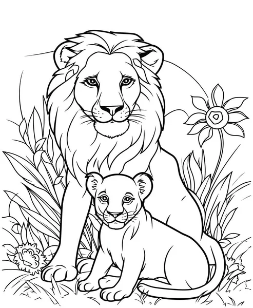 Färg Sida Med Tecknad Söt Lejon Och Baby Lejon Målarbok — Stock vektor