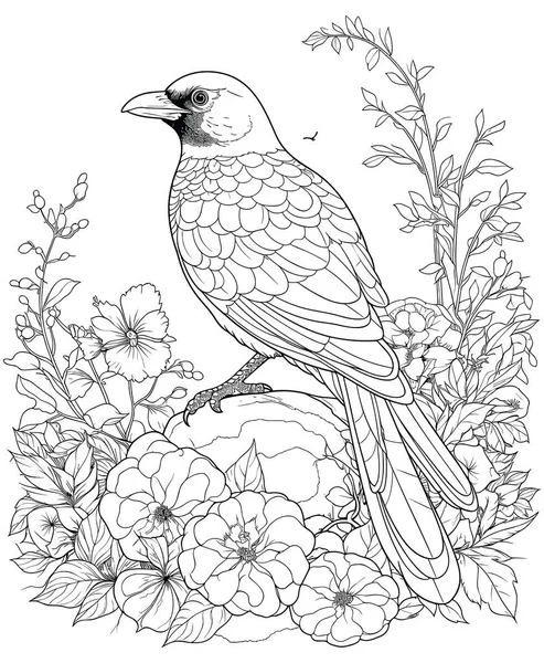 Черно Белая Птица Цветами — стоковый вектор