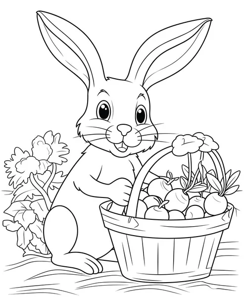 在花园里用一篮子鸡蛋给书上色的复活节兔子 — 图库矢量图片