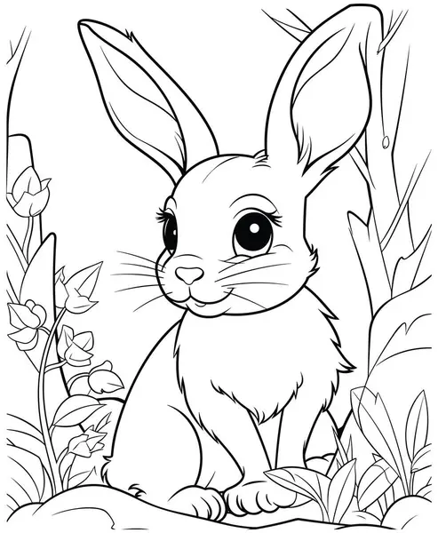 Rabbit Sitting Grass Vector Coloring Book Page Children Coloring Book — Stock Vector