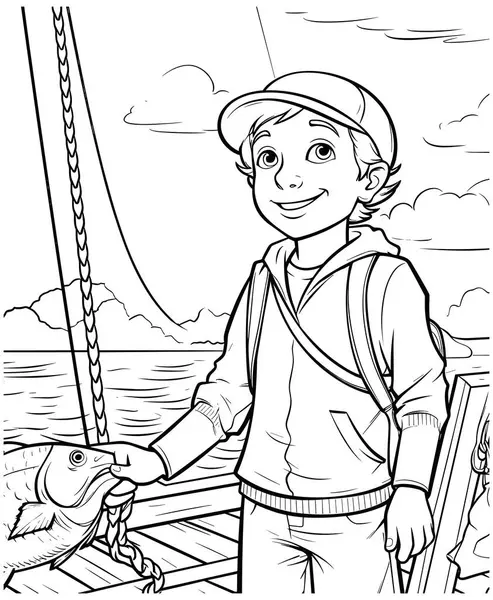 Καρτούν Αγόρι Ένα Πλοίο Στη Βάρκα Διάνυσμα Αρχείου
