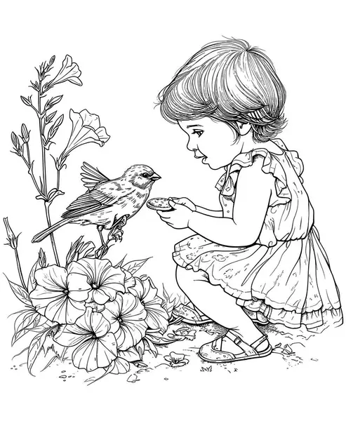 Маленька Дівчинка Сидить Квітковій Гілці Чорно Біла Векторна Ілюстрація Векторна Графіка