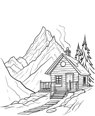 Dağlardaki bir evin vektör çizimi. El çizimi vektör çizimi beyaz arkaplanda izole edildi.