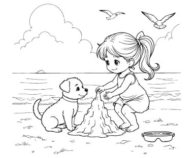 Şirin küçük kız köpek yavrusuyla oynuyor. vektör illüstrasyonu