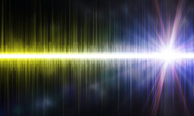 Işığın ses titreşimleri, soyut arkaplan. Kırmızı ve mavi ses dalgaları ve koyu arkaplanda ışınlar..