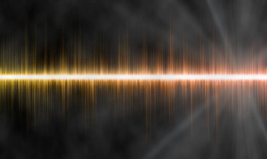 Ses dalgaları, sisli ve soyut bir teknoloji arka planında ateşli bir ışık parıltısıyla salınıyor.