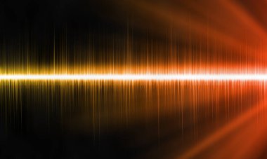 Koyu arkaplandaki ışınlarla birlikte kırmızı ses dalgaları. Radyo, kulüp, parti için arka plan. Işığın titreşimi.