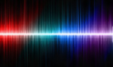 Çok renkli ışık parıltısına sahip ses dalgası şekli. Siyah bir arkaplanda mavi ve altın renkli soyut ses dalgası arkaplanı.