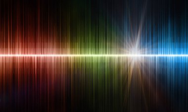 Siyah bir arkaplanda, ışınlı ses dalgaları. Siyah arka planda renkli dürtüleri olan parlak bir müzik geçmişi var. Parlak ses dalgaları.