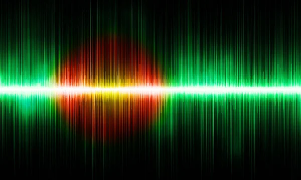 Colored sound waves on a black background with pulses of green, red and yellow. Bright rays and sound waves, abstract background.