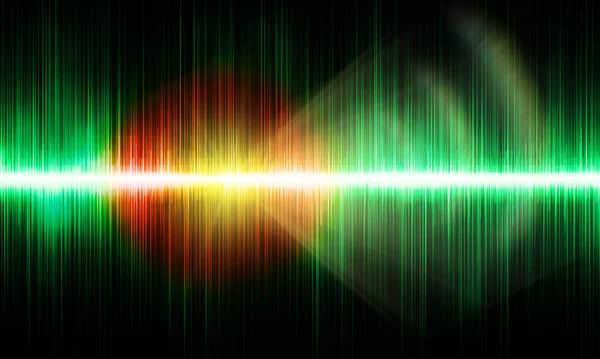 Colored sound waves on a black background with pulses of green ,red and yellow. . Bright rays and sound waves,abstract background