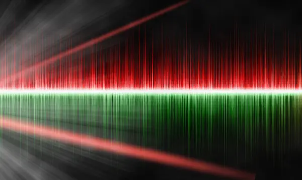 Sound waves with rays on a black background. Vibrant musical background with color pulses of green and red. Bright sound waves.