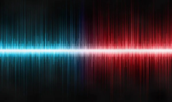 Sound waves on a black background. Bright musical background with pulses of blue and red colors. Abstract sound waves