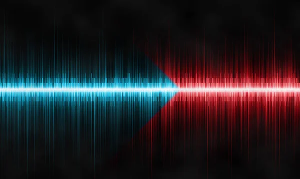 Abstract sound waves of blue and red colors on a black background. Blue sound wave in the shape of an arrow.