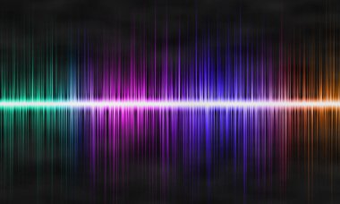 Siyah arkaplandaki çok renkli frekans çizgilerinin çizimi. Parlak soyut arkaplan