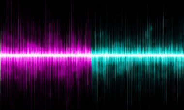Ses dalgaları, siyah bir arkaplanda parlak parlak dalgalı çizgiler. Turkuaz ve leylak renklerinde soyut arkaplan..