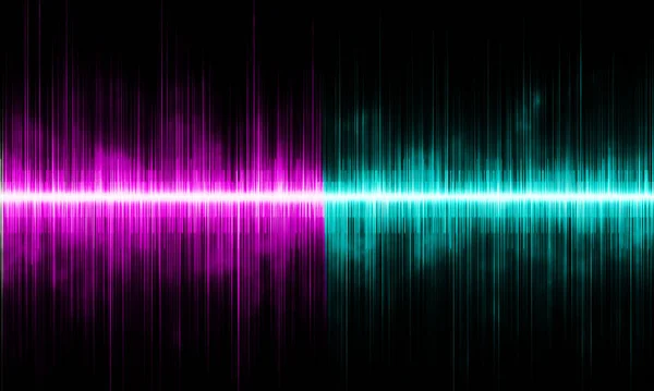 Sound waves, bright illustration of gradient bright wavy lines in a haze on a black background.Abstract background in turquoise and lilac colors.