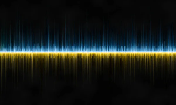 黒い背景のデジタルサウンド波 黒い背景に青と黄色の色のパルスを持つ勾配多色波線のイラスト — ストック写真